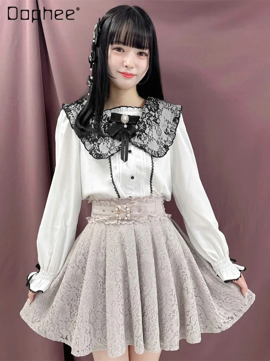 Japanese Rojita Lace-up Big Bow Skirt for Women 2023 Autumn and Winter New Sweet Girl Solid Color Lace Pleated Skirts Student