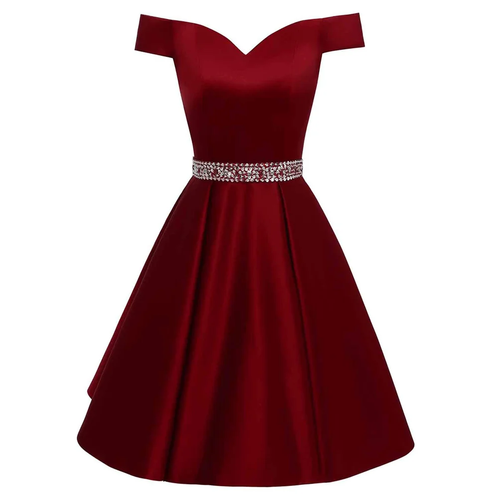 Short Satin Beading Crystals Boat Neck Knee Length Bridesmaid Dresses Wedding Party Evening Formal Prom Homecoming Cocktail