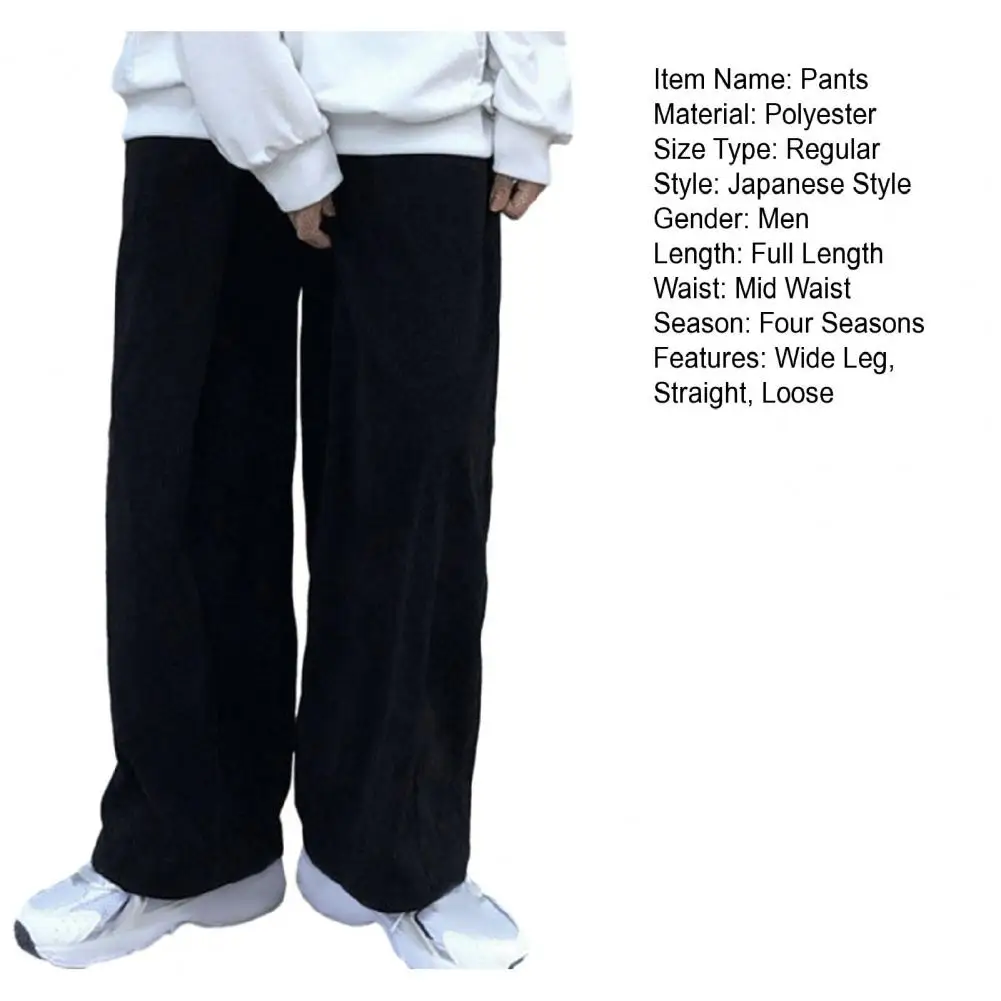 Description Picture 2 of itemMen Corduroy Pants Japanese Style Men's Loose Straight Wide Leg Pants with Deep Crotch Elastic Waist Retro Casual Trousers