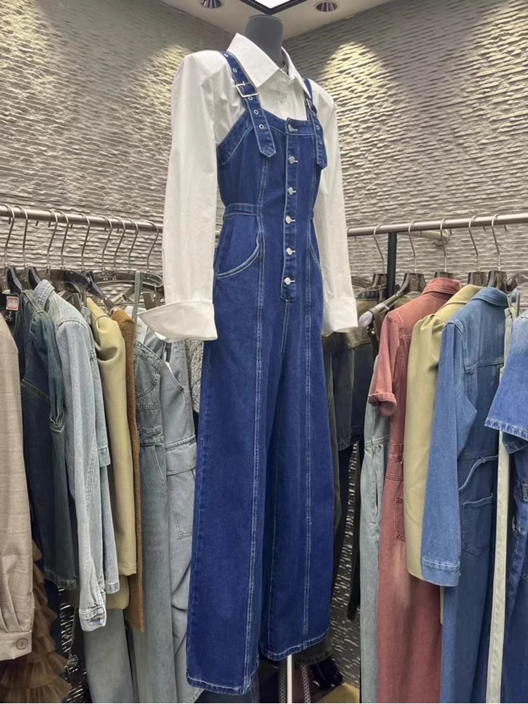 

Women Fashion Denim Jumpsuits Backless High Waist Slim Suspenders Trousers Overalls Temperament Wide Leg Pants Autumn New