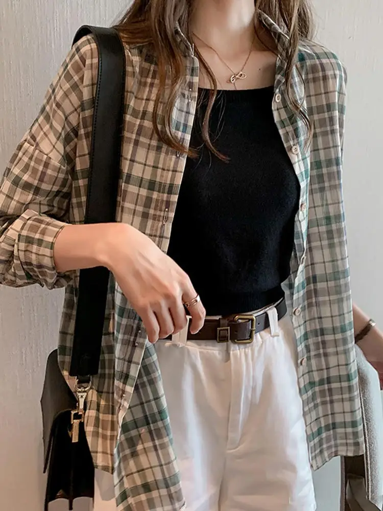

Spring Plaid Shirts Women Blouse Retro Harajuku Blouses Korean Long Sleeve Loose Tops Sun-Proof Blouses and Tops Blusa Feminina