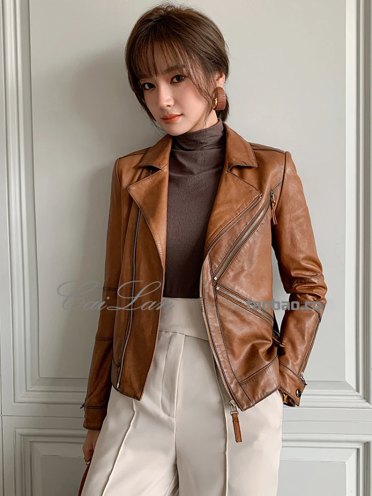 

Slim Notched Collar Real Sheepskin Coat Women Spring Fall 2024 New Trend Simple Genuine Leather Cropped Motorcycle Jacket M-4XL
