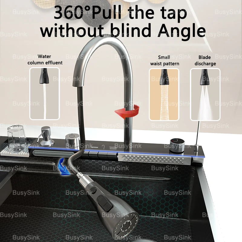 Waterfall Kitchen Sink Cup Washer Knife Rack Stainless Steel Honeycomb Embossed Domestic Apartment Countertop Large Single Sink 5