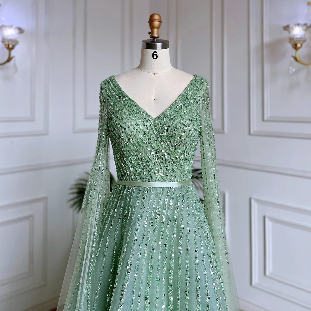 Serene Hill Mint Cape Sleeves A Line Beaded Luxury Dubai Evening Dresses Long 2023 Celebrity Gowns For Woman Party LA71865