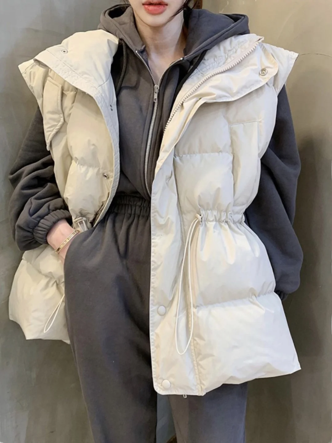 Women's Bread Coat Jaet Stand Collar Loose Slimming Dstring Waist Zipper Warm down Cotton Vest Outerwear