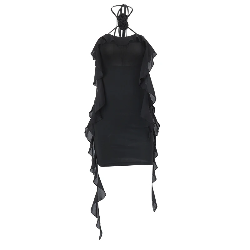 Summer Dress Women y2k Clothes Solid Color Sleeveless Backless Ruffled Tassel Mini Dress with 3D Flower Party Dresses