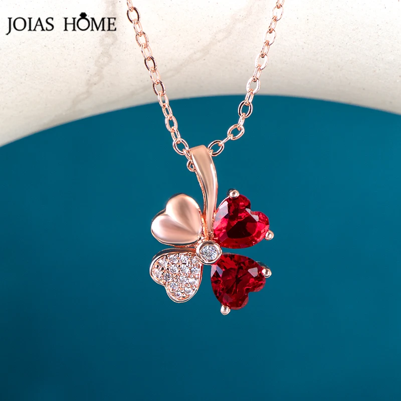 JoiasHome 925 Silver Necklace Pendant Korean Rose Gold Necklace with Lucky Clover Garnet Pendant Valentine's Day Gift pendant necklace silver necklace