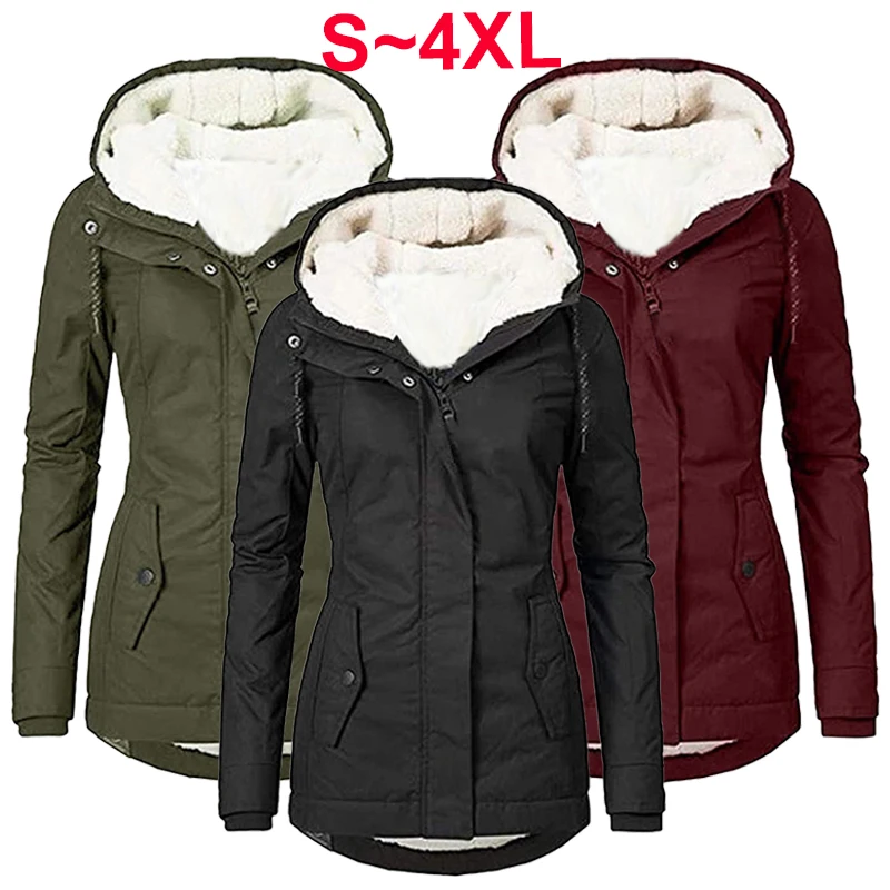 Winter Wool Hooded Coat Women's Solid Color Thickened Zipper Pants Hooded Jacket Outdoor Hiking Windproof Hoodie Jacket non slip touch screen warm knitted gloves men s plus velvet thick autumn and winter outdoor wool gloves