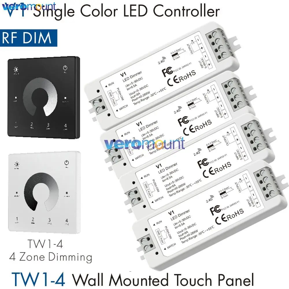 ชุดหรี่ไฟ LED Skydance V1 1 ช่อง 5V 12V 24V 36V สำหรับไฟ LED แถบสีเดียว ชุดควบคุมความสว่างแบบไร้สาย 2.4G RF รีโมทคอนโทรล 4 โซน สวิตช์สัมผัส 1