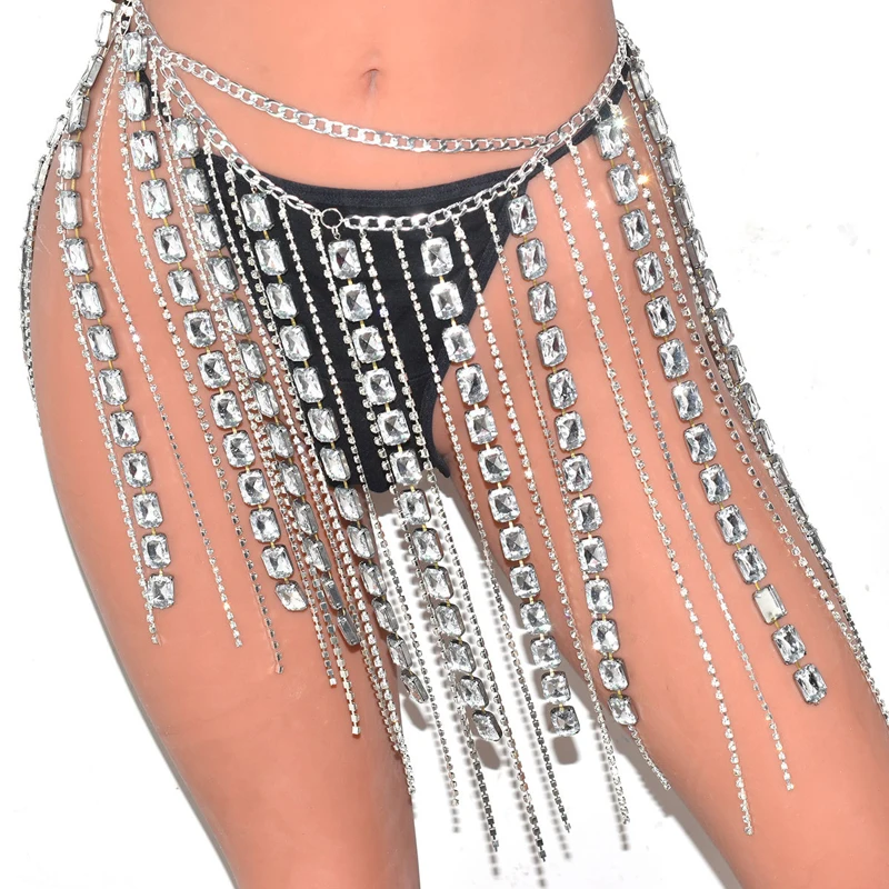 

Bling Crystal Stone Women Mini Skirts Body Chains 2023 Fashion Diamond Tassel Sexy See Through Women's Summer Skirt Clothes