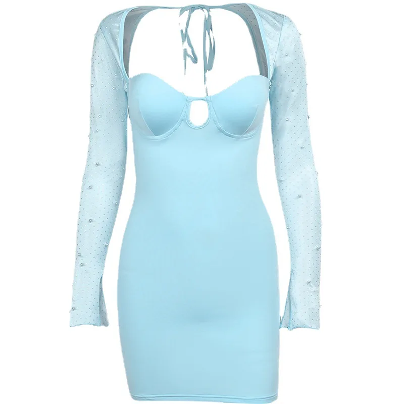 

Women's Elegant Slim Beaded Hip Cover Long Sleeve Dress