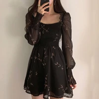 Women Sexy Black Chiffon Dress Spring Vintage Flower Long Puff Sleeve Dresses Korean Casual Mini Vestidos Elegant  Clothes 13676