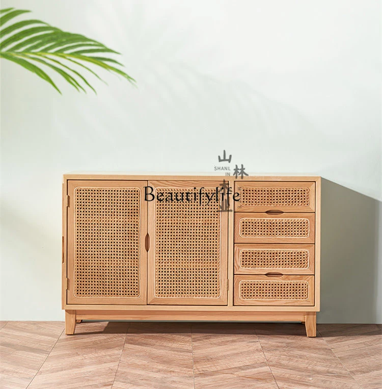 

Nordic Solid Wood Sideboard Living Room Rattan Entrance Cabinet Multi-Functional Locker Small Apartment