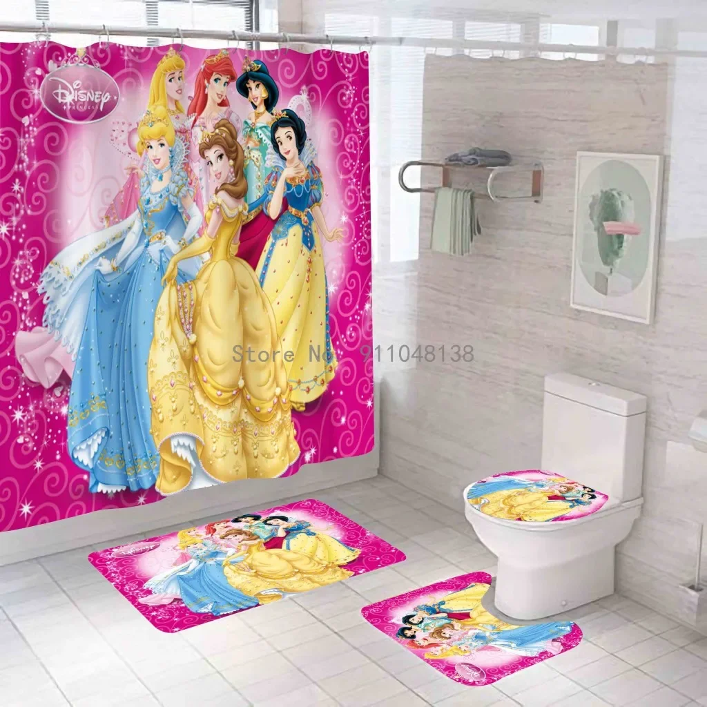 Disney Princess Series 3D Bath Shower Curtain Waterproof Curtains In The Bathroom With Hook Set Soft Bath Mat Toilet Carpet Rugs