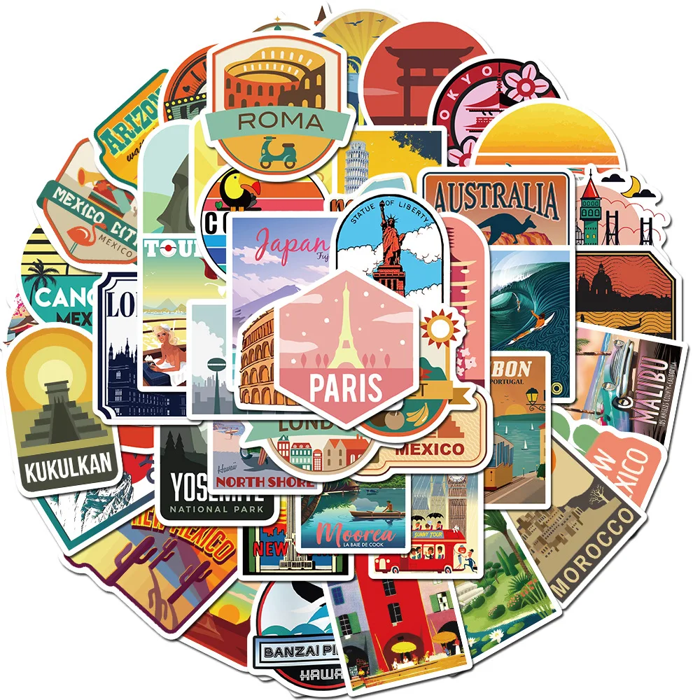 Vibrant Cityscape Travel Stickers - Creative DIY Decor Set (50 Pieces)