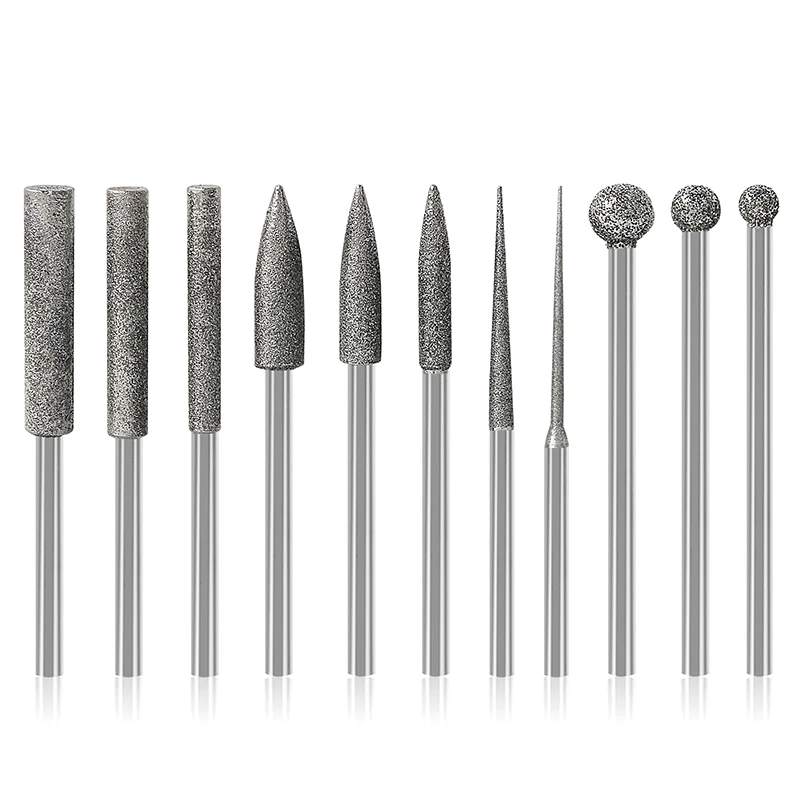 

11Pcs Stone Carving Set Diamond Burr Bits 1/8 Inch Shank Polishing Rotary Tools for Grinding Engraving Carving