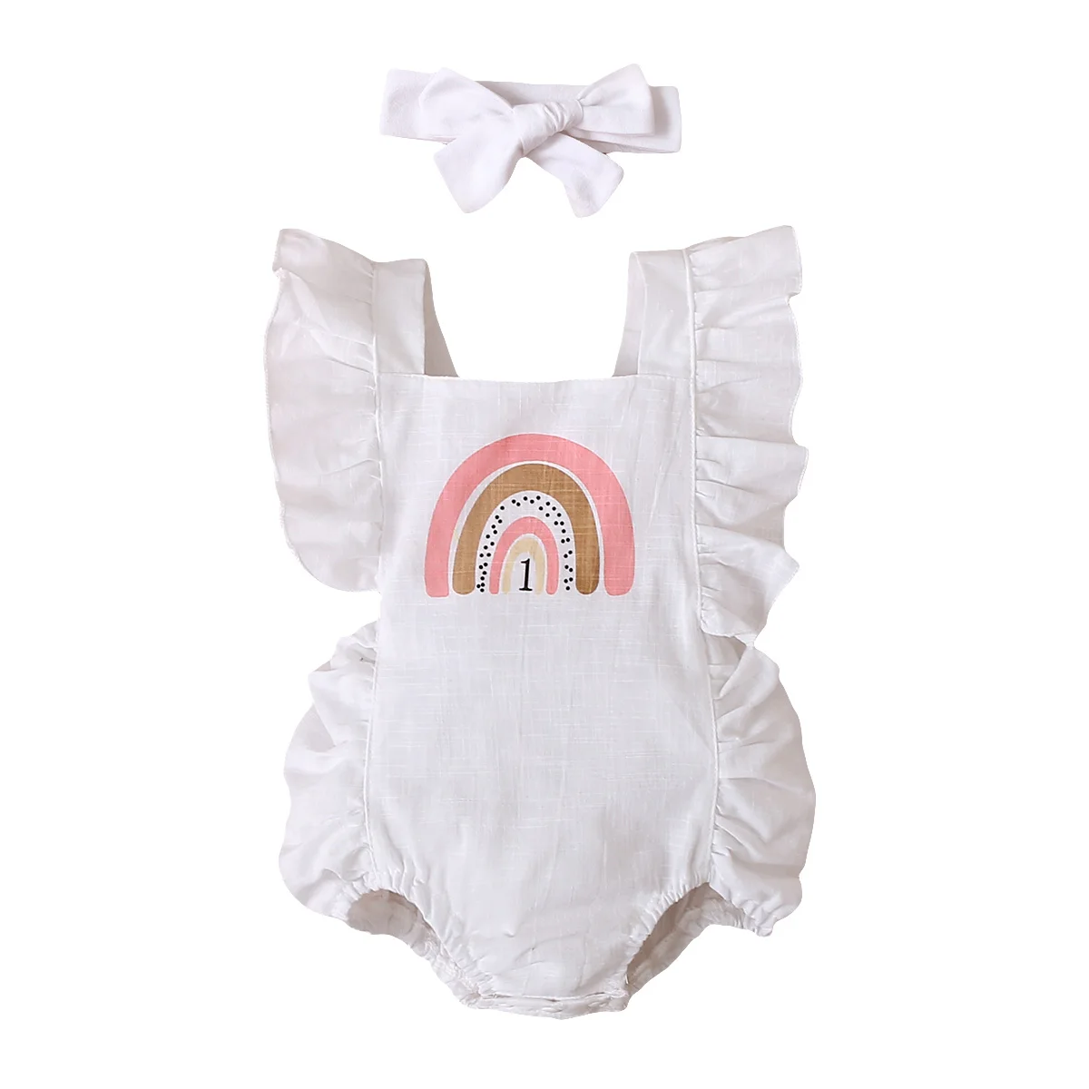 carters baby bodysuits	 FOCUSNORM 0-18M Summer Cute Baby Girls Boys Romper Clothing 2 Colors Ruffles Fly Sleeve Rainbow Printed Jumpsuits Headband Baby Bodysuits for boy Baby Rompers