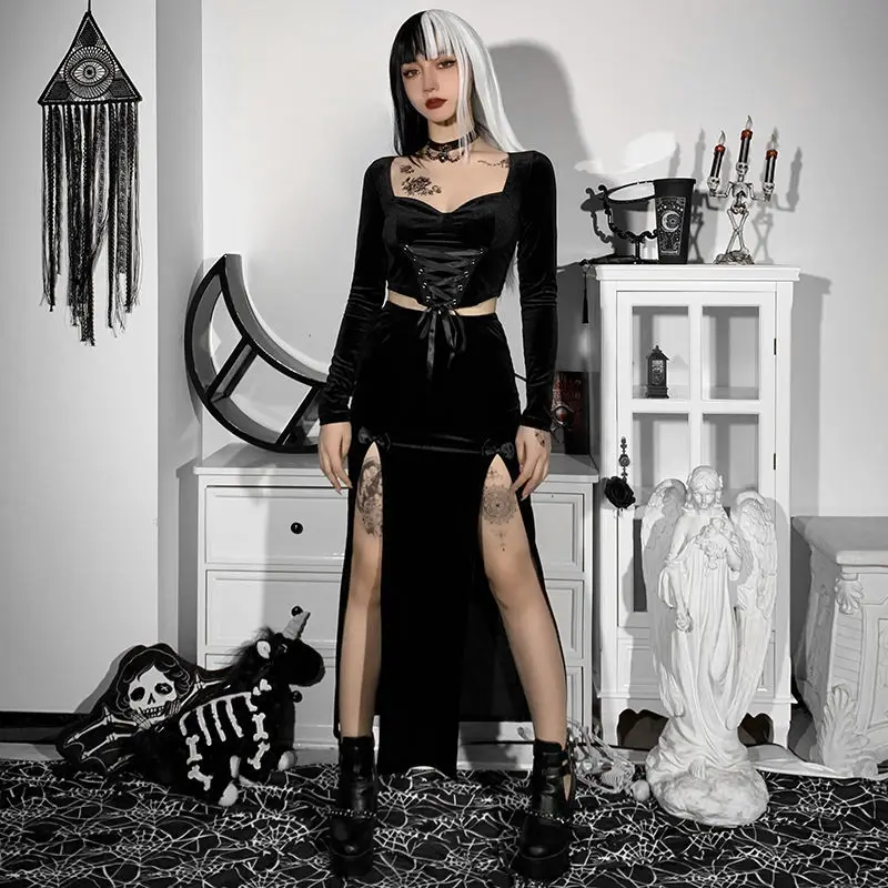 black maxi skirt Dark series skirt 2022 new design feeling minority bow Suede double-slit half-length skirt denim skirt