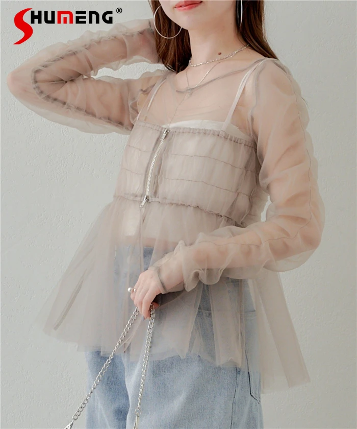 Japanese Style See-through Chiffon Shirt for Women Spring 2024 New Elegant Long Sleeve Blouses with White Sling Top 2 Pieces Set