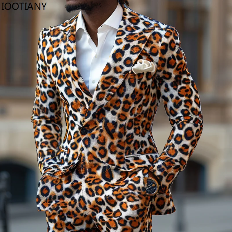 Men Suit Two-piece Blazer With Pants Leopard 3D Printed For Party