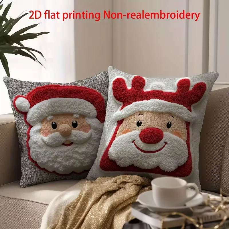 2D Printed Christmas Cushion Cover Santa And Elk Soft Plush PillowCase Cute Decorative Pillow Cover Christmas Party decorative