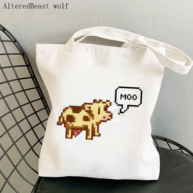 Women Shopper bag Stardew Valley Cow Printed CanvasTote Bag Harajuku Shopping Canvas Shopper Bag girl Christmas Tote Shoulder women shopper bag stardew valley cow printed canvastote bag harajuku shopping canvas shopper bag girl christmas tote shoulder