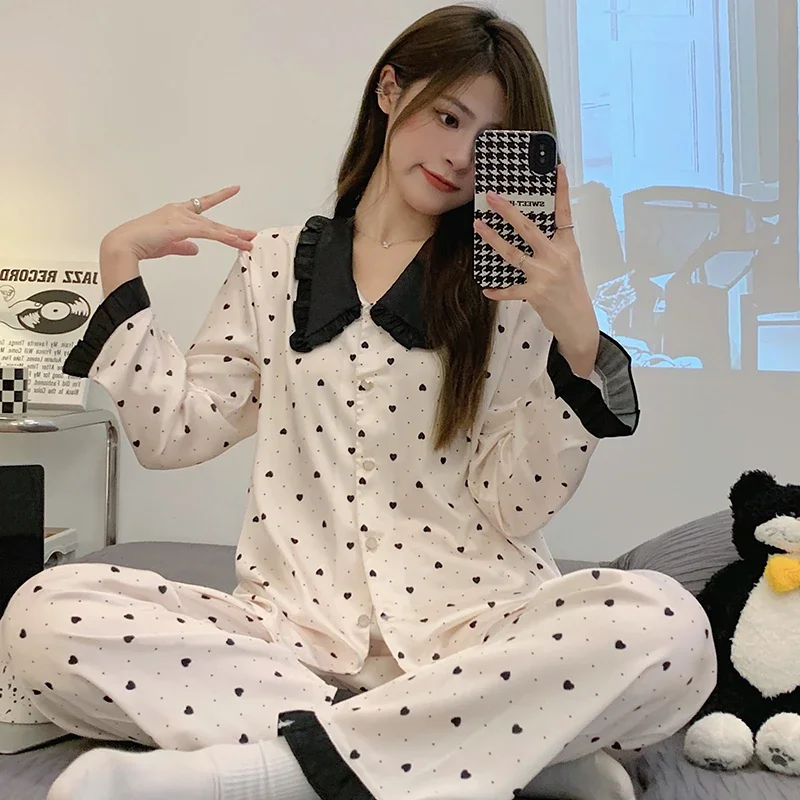 

Pajamas Women's Silk Long-sleeved Pajamas Suit Flower Printed High-grade Ice Silk Can Be Worn Outside Home Wear