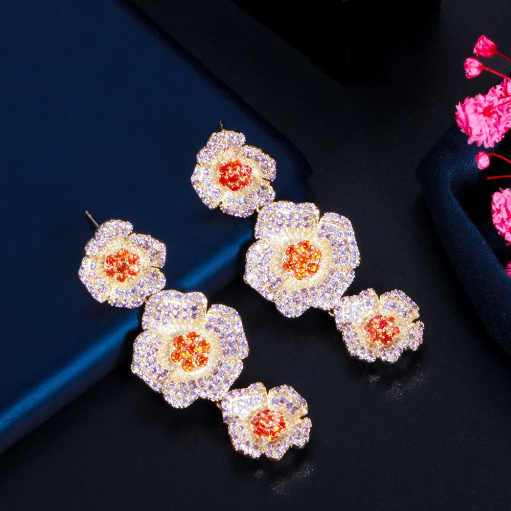 ThreeGraces Unique Cubic Zirconia 3 Tone Gold Color Long Flower Drop Earrings for Women New Fashion Dancing Party Jewelry E1431