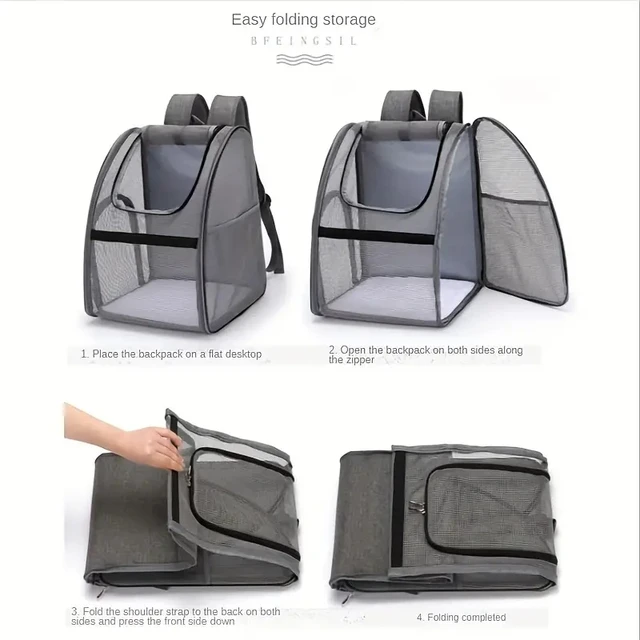 Spacious Design" Breathable Mesh Pet Carrier Backpack - LargeCapacity, Foldable & Portable Dog Cat Travel Bag With Zip Closure 4