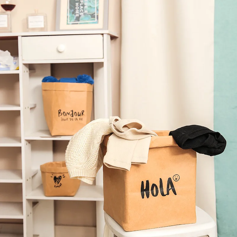 6 pieces Washed kraft paper bags desktop organizer student dormitory refrigerator kitchen storage bag 3