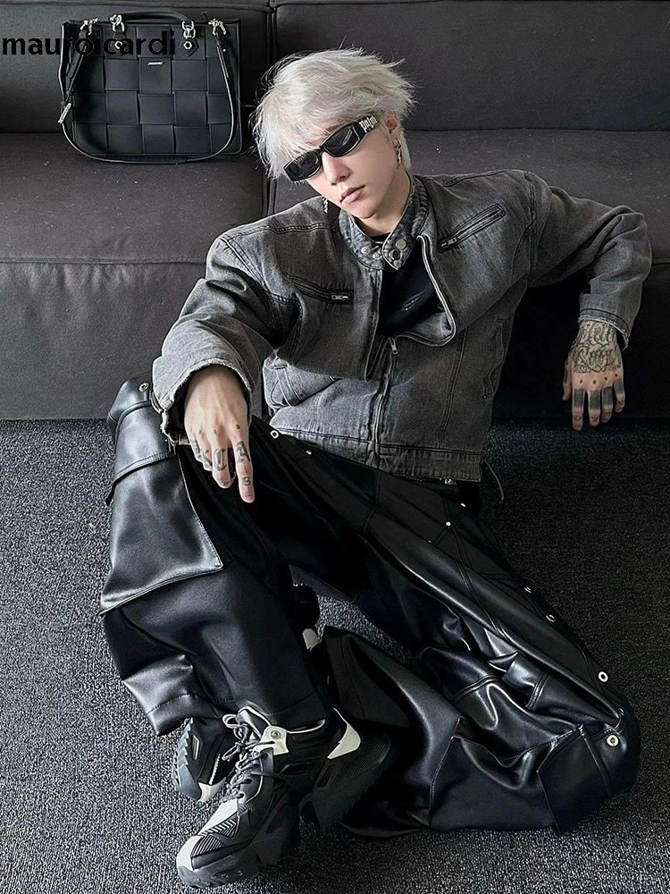 ジャケット・アウター leather jacket buggy parachute pants y2k Harajuku Hoodies Style Y2K Jacket Mens: PU Leather Hip Hop