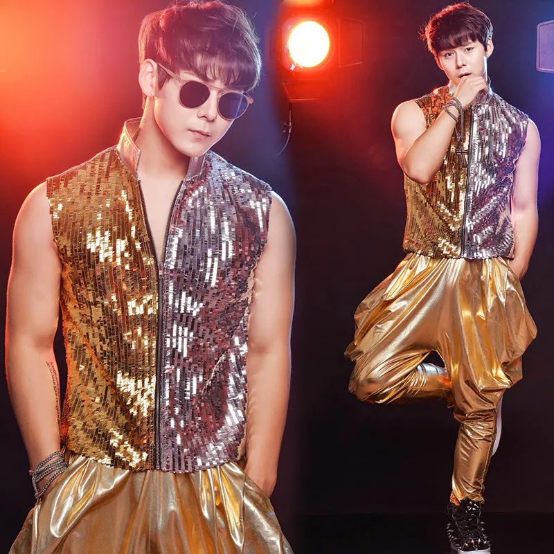 

Мужская танцевальная одежда в стиле хип-хоп, костюм для джазовых танцев, куртка на молнии с золотыми блестками, брюки, одежда для певицы, Dj, Ds, бара, ночного клуба, вечеринки, DT782