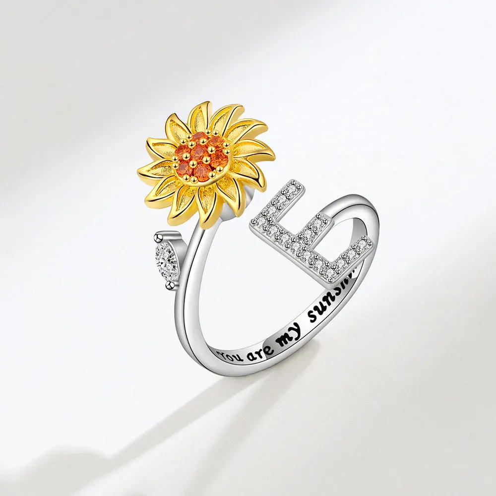 KOFSAC Adjustable Size Sunflower Rotatable Ring Women Personality Zircon 26 English Letter Rings 925 Silver Gold Two Color Ring 3