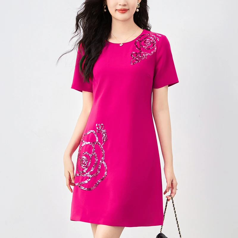 

Элегантные модные платья для женщин 2024 Летняя женская одежда с круглым вырезом и коротким рукавом с блестками однотонное офисное женское платье-трапеция