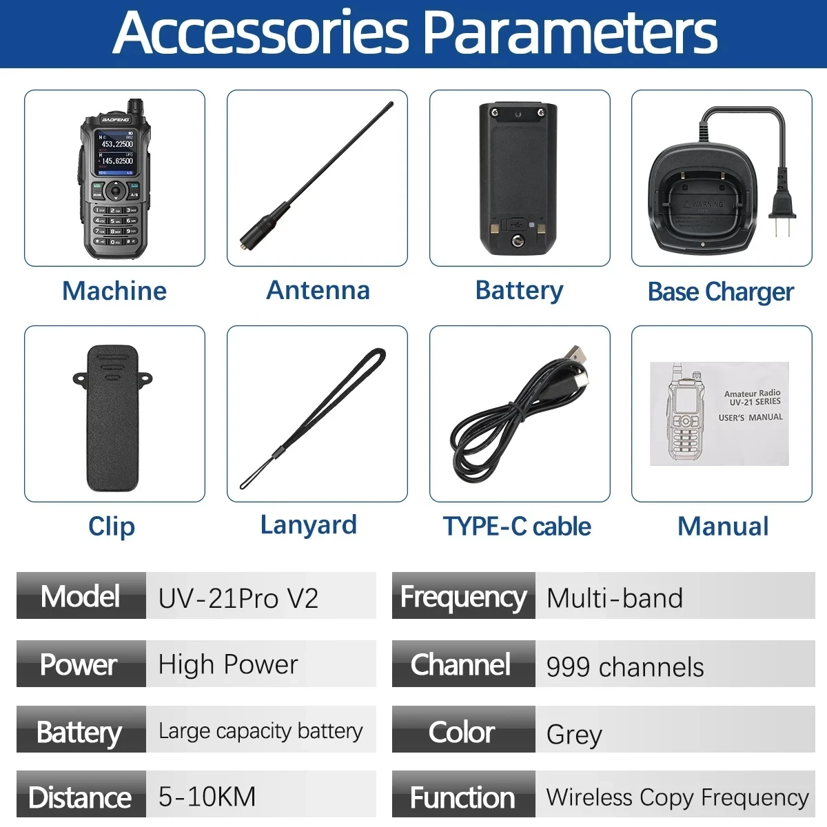 Baofeng UV 21 Pro V2 Am Wireless Copy Frequency Walkie Talkie Long Range Flashlight Type-C Charger Ham Radio UV-5R BF-888S 6