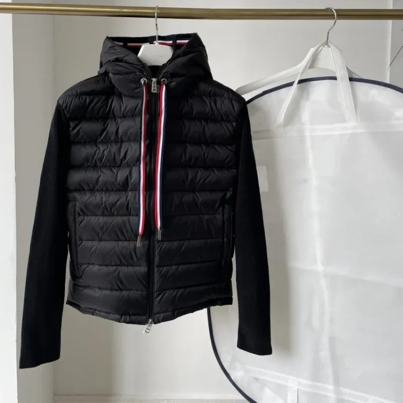 

Fashion Brand Men and Women Hooded Knit Splice Down Jacket Y2K Casual Jacket High Quality Loose Cardigan Solid Color Warm Coats