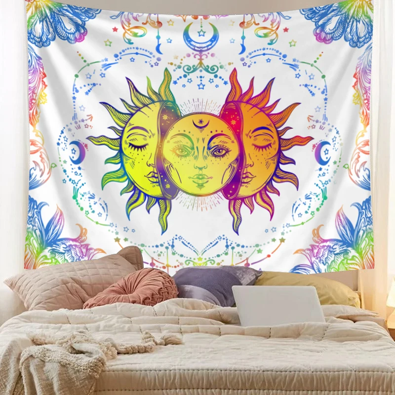 1 Stück Wandteppich im Sonne, Mond, Hippie-Stil, bunter Mondphasen-Wandteppich, böhmische dekorative Wandbehang für Schlafzimmerdekoration – Detail 8