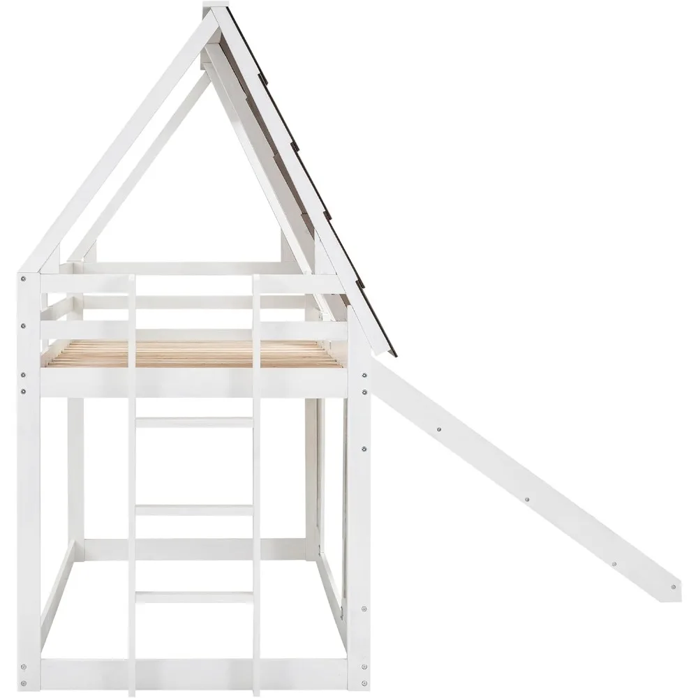Twin Over Twin House Bunk Bed Frame with Roof,Window,Ladder and Slide for Boys Girls, White & Brown 6
