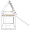 Twin Over Twin House Bunk Bed Frame with Roof,Window,Ladder and Slide for Boys Girls, White & Brown 6