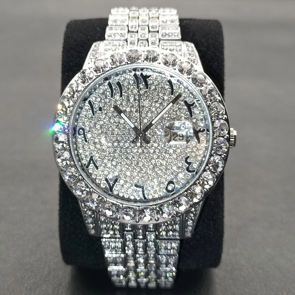 MISSFOX Watch For Men Top Brand Silver Stainless Steel Male Quartz Wrist Watches Luxury Diamond Luminous Auto Date Men's Reloj