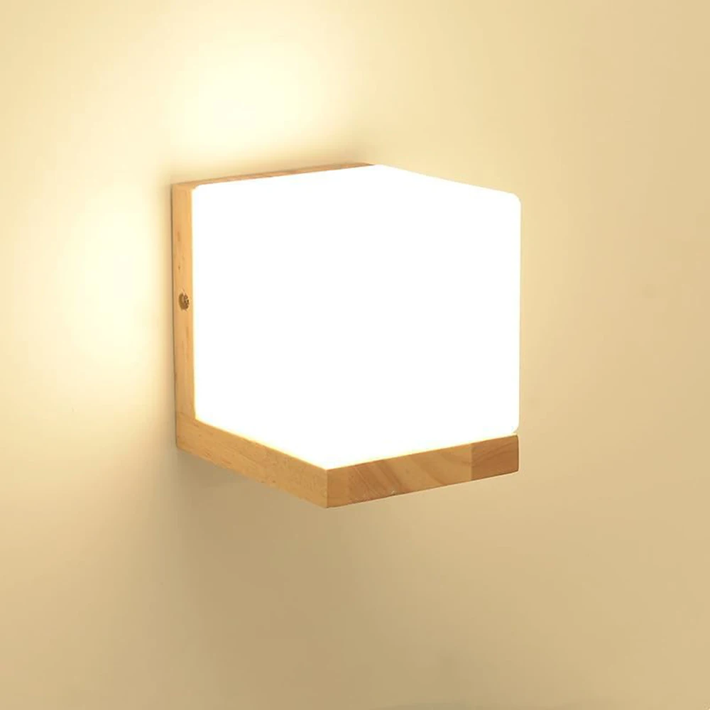 Indoor Wall Light,E27 Wooden Wall Lamp,Square Glass Wall Lighting Fixtures for Bedroom Corridor Hallway（Bulb not included）