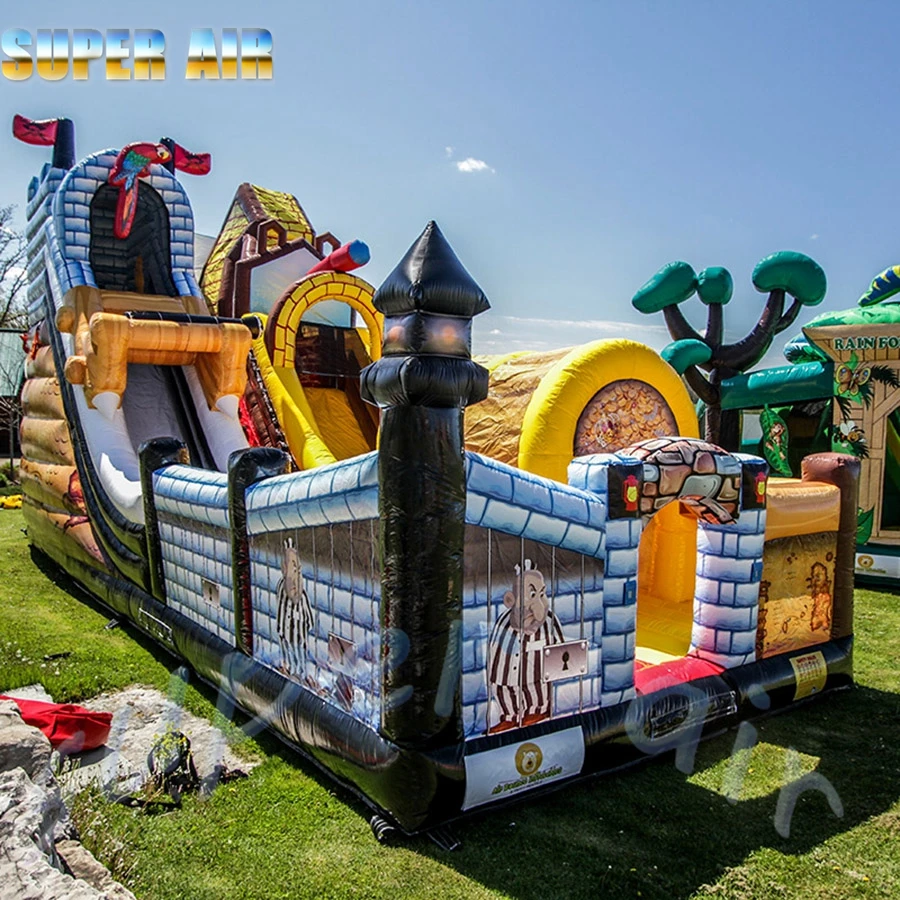 Commercial inflatable pirate ship slide castle air balloon with blower for children games 5