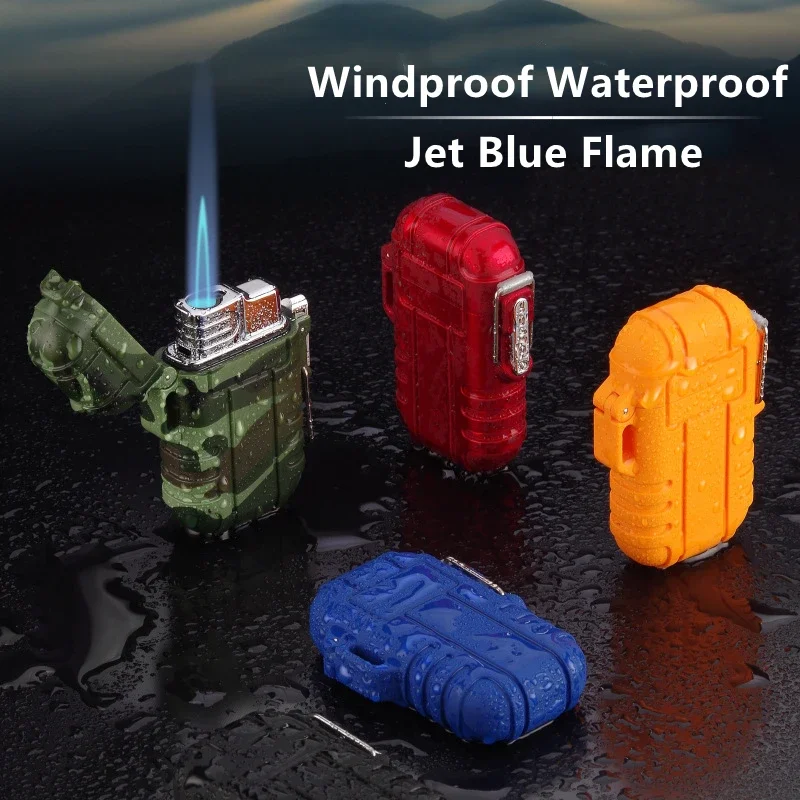 BBQ Lighter Butane Gas Lighter Outdoor Waterproof Lighter with Lanyard Portable Blue Flame Jet Lighter Butane Turbo Cigar Camping Wading Men's Gadgets