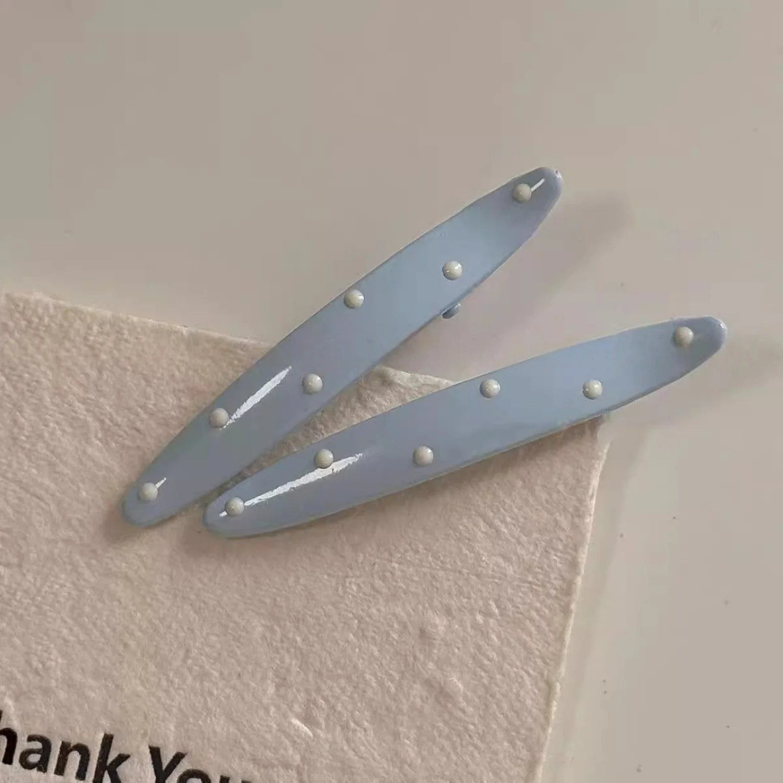 2PCS Style Creamy Blue and White Polka Dot Hair Clips, Korean-style Duckbill Clips, Fashionable Bangs Clips for Cute　Women