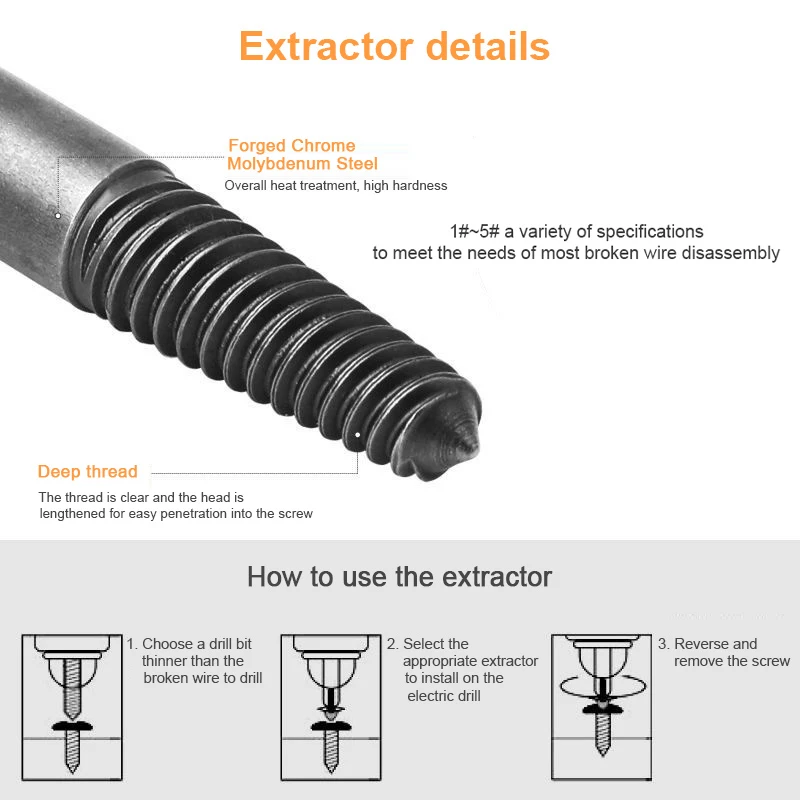 Extractor de tornillos de 5/6 piezas, juego de guías de brocas centrales, perno dañado roto, duradero, fácil de quitar, taladro central, herramientas de pernos dañados