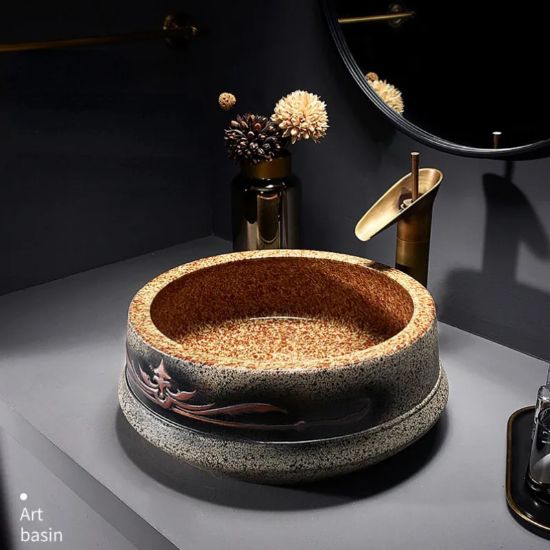 Antique Bathroom Sink Round Bowl Basin Washroom Ceramic Washbasin Balcony Countertop Art Basin with Faucet 5