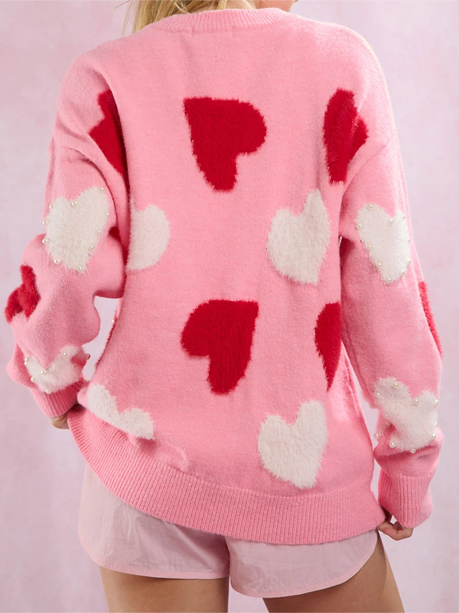 Valentine s Day Women s Heart Print Knit Sweater with Long Sleeves and Round Neckline Featuring Pearl Embellishments