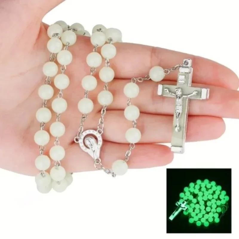 Glow In The Dark Christian Rosary Necklaces for Women Luminous Christian Catholic Cross Rosary Necklace Religion Faith Jewelry