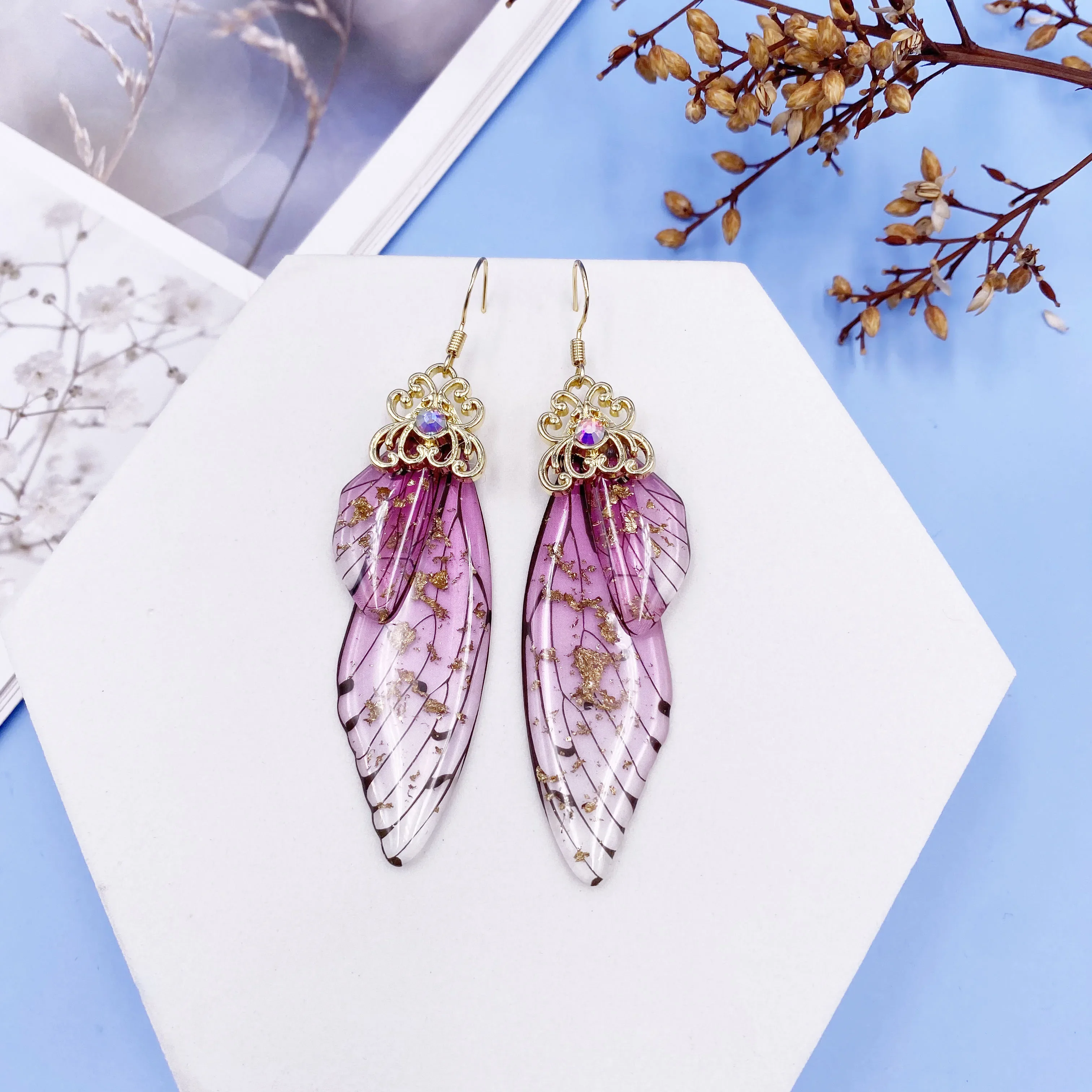 Fairy Rainbow Gradient Resin Butterfly Wing Rhinestone Glitter Earrings