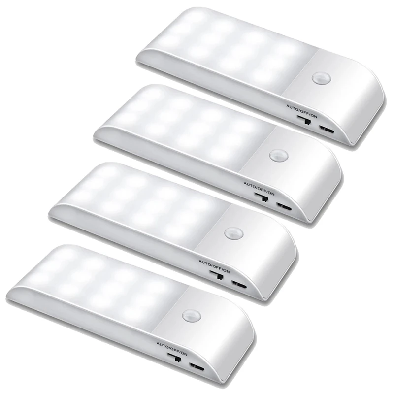 

4Pcs Under Cabinet Lights Kitchen Lighting IR Motion Sensor 12LEDS Night Lights USB Rechargeable Stair Light Closet Lamp